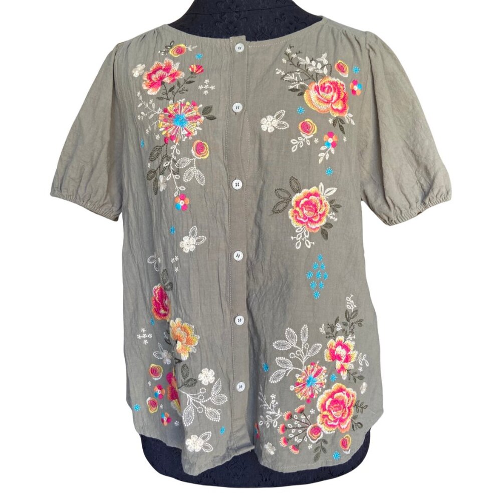 Savanna Jane Short Sleeve Floral Embroidery Button Down Cotton Women's Small